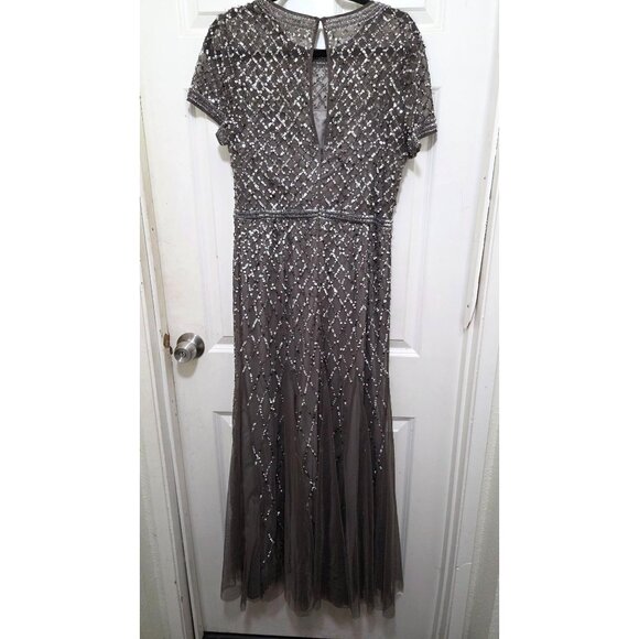 Adrianna Papell Beaded Short Sleeve Gown Size 12 Gray Elegant Formal Dress - Picture 3 of 6
